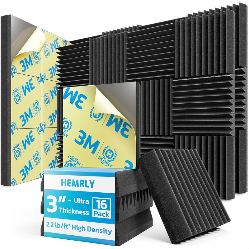 HEMRLY 3" X 12" X 12" Sound Proof Foam Panels for Walls,Self-Adhesive Foam Acoustic Panels Sound Absorbing,2.2 lb/ft³ Density Soundproof Wall Panels for Gaming Studio Decor (16 Pack Black) - Image 1